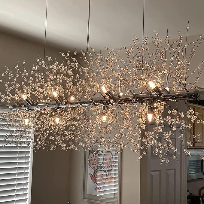 Modern Crystal Firework Chandelier, Linear Dining Room Lighting Fixtures Hanging, Chrome Dandelion Chandelier LED Pendant Lighting for Dining Room, Bedroom, Living Room (12-Light, 35.5")
