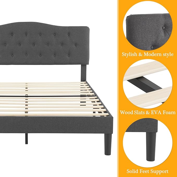 VECELO Full Size Bed Frame Upholstered Platform with Tufted Adjustable Headboard/Mattress Foundation Wood Slat Support/Easy Assembly,Grey