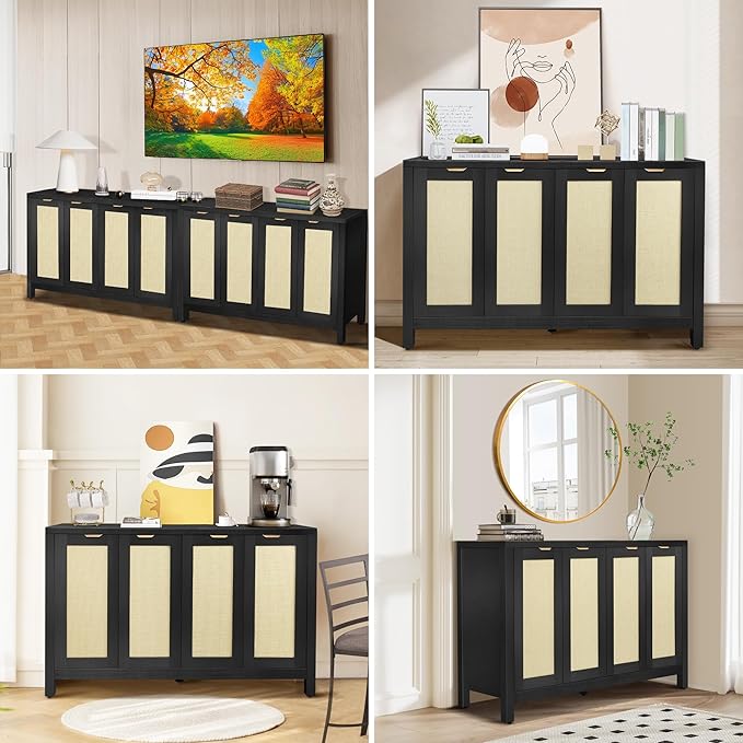 Rattan Sideboard Buffet Credenza Cabinet - Large Farmhouse Kitchen Coffee Bar Cabinet with 4 Rattan Door Storage for Entryway Living Room, 55" x 15" x 31.5" (Black)