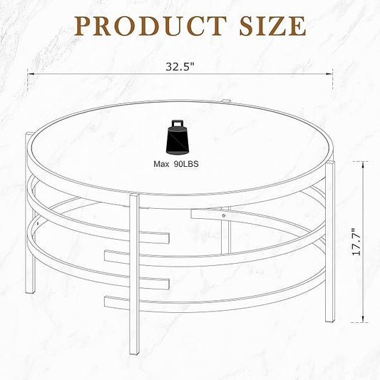 Round Coffee Table Sintered Stone - LifeSky 32 inch Circle Center Coffee Table with Metal Frame - Modern Circular Coffee Tables for Living Room Gold