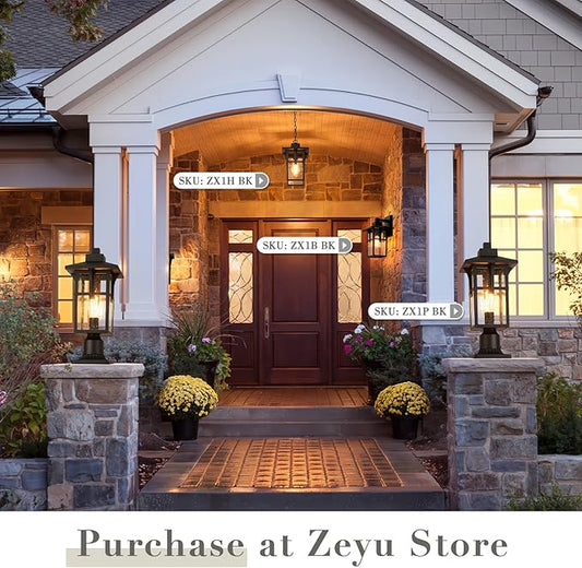 zeyu Farmhouse Outdoor Wall Light, Exterior Wall Sconce Lighting for Front Porch Garage, Die-Cast Aluminum with Seeded Glass, Black Finish, ZX1B BK