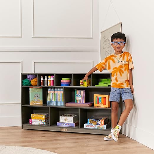ECR4Kids 5+5 Cubby and Storage Mobile Tray Cabinet, Classroom Furniture, Grey Wash