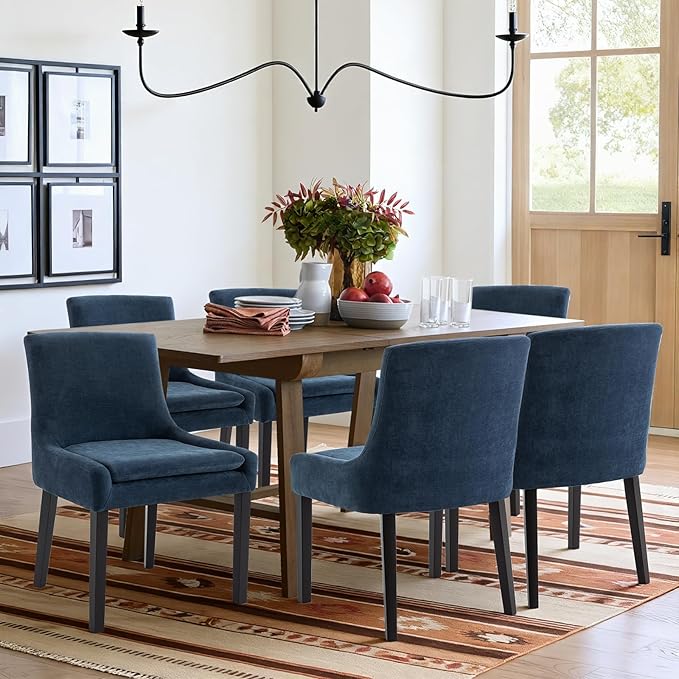 COLAMY Modern Dining Chairs Set of 4, Upholstered Corduroy Accent Side Leisure Chairs with Mid Back and Wood Legs for Living Room/Dining Room-Blue