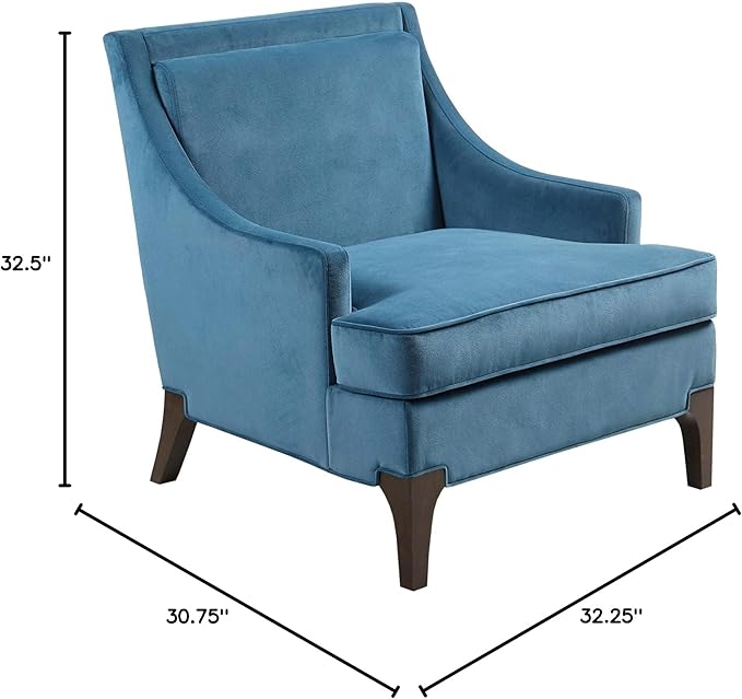 Martha Stewart Anna Upholstered Accent Chair, Removable Lumbar Pillow Support, Square Arm, Jacqard Fabric, Chic Modern Wide Cushion Seat Bedroom Lounge Comfy, Blue, 30.75" W x 32.25" D x 32.5" H