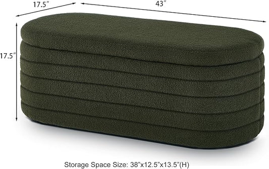 Ball & Cast Storage Bench, Upholstered Oval Ottoman, End of Bed Stool with Safety Hinge for Bedroom, Living Room, Entryway, Teddy Fabric, Dark Green