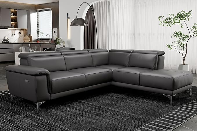 Valencia Pista Geniune Leather Reclining Sectional Sofa with Right Hand Chaise -| Power Recliner Chair, Nappa 11000 Leather | L Shaped Couch for Living Room Furniture, Cloudy Grey