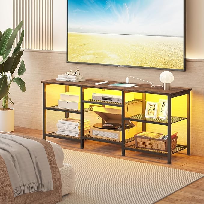 YGEOMER TV Stand for TVs Up to 55 Inches, Entertainment Center with Power Outlet and LED Lights Open Storage Shelves, TV Media Console Table for Living Room and Bedroom, Rustic Brown
