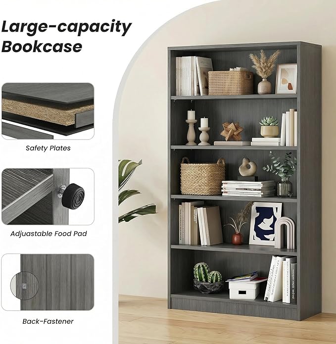5 Tier Wooden Bookshelf, 60" H Tall Book Shelf with Adjustable Shelves, 33" Wide Bookshelf for Office, Living Room