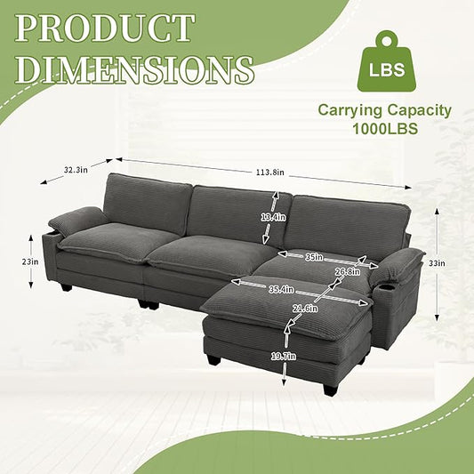 113" Convertible L Shaped Modular Sectional Sofa with Ottoman, Deep Seat Cloud Corner Couch with Layered Cushion, Corduroy Upholstered Sofa Couches w/Cupholders and Side Pockets | Wood Frame, Solid Legs
