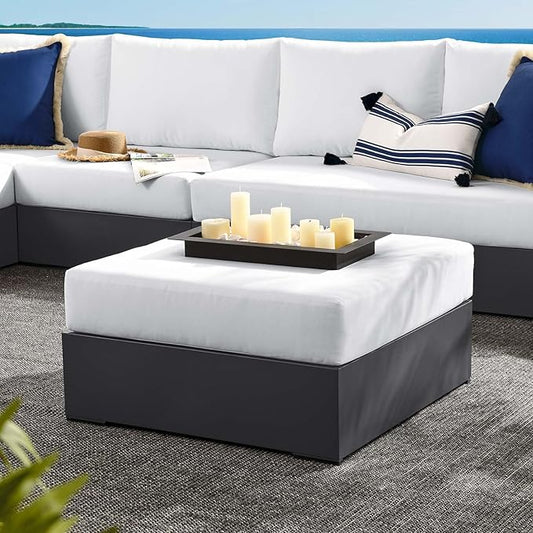 Modway Tahoe Aluminum Ottoman in Gray White with Weather-Resistant Cushion-Ideal as Outdoor Footstool, Patio or Sunroom Furniture