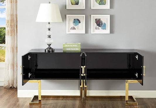Meridian Furniture Beth Collection Modern | Contemporary Sideboard Buffet, Rich Gold Stainless Steel Base, Black Laquer Finish, 64" W x 18" D x 31" H, Cabinet