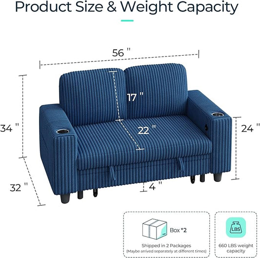 LINSY HOME Loveseat Sofa with Storage - Comfy Plush Corduroy 2 Seater Sofa with USB Charging & Cup Holders, Deep Seat Love Seat for Small Spaces Living Room Bedroom Apartment, Blue