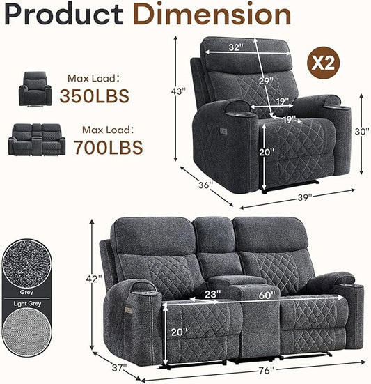 HAOMARKETS 3-Piece Recliner Sofa Set with Charging Ports, Include 2 Power Recliner Chairs and Electric 2-Seater Loveseat Reclining Couch with Hidden Storage and Cup Holders for Living Room, Dark Grey