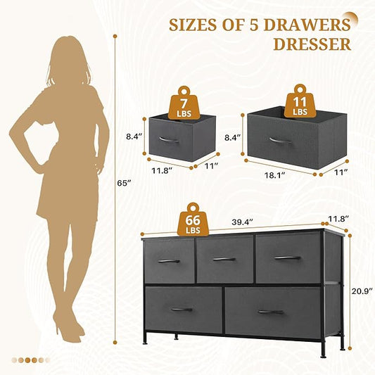 Dresser with 5 Drawers for Bedroom, Fabric Clothes Cabinet for Closet, Anti-Tip TV Stand for 45" TV, Storage Dresser with Metal Frame for Living Room, Entryway, Dorm, Grey