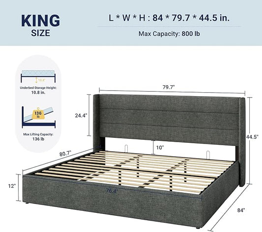 Allewie King Size Lift Up Storage Bed, Modern Wingback Headboard, Hydraulic Support, No Box Spring Needed, Dark Grey