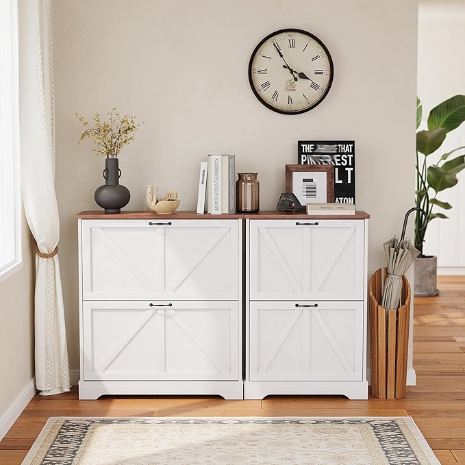 Semiocthome Farmhouse Shoe Storage Cabinet with 2 Flip Drawers, 31.5"(W) Freestanding Shoe Organizer with Barn Door and Metal Handles for Entryway, Rustic Narrow Slim Shoe Rack Cabinet - White