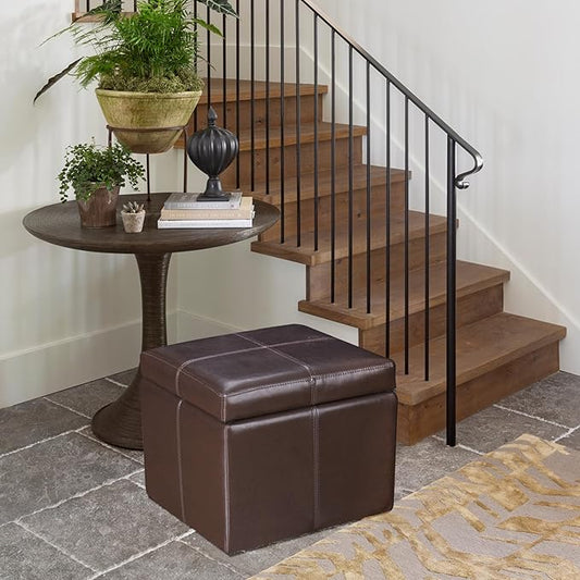 Adeco Modern Faux Leather Cube Storage Ottoman Bench with Hidden Storage, Comfortable Footrest Ottoman for Living Room, Bedroom, Entryway - Brown, 17.7" x 17.7" x 15