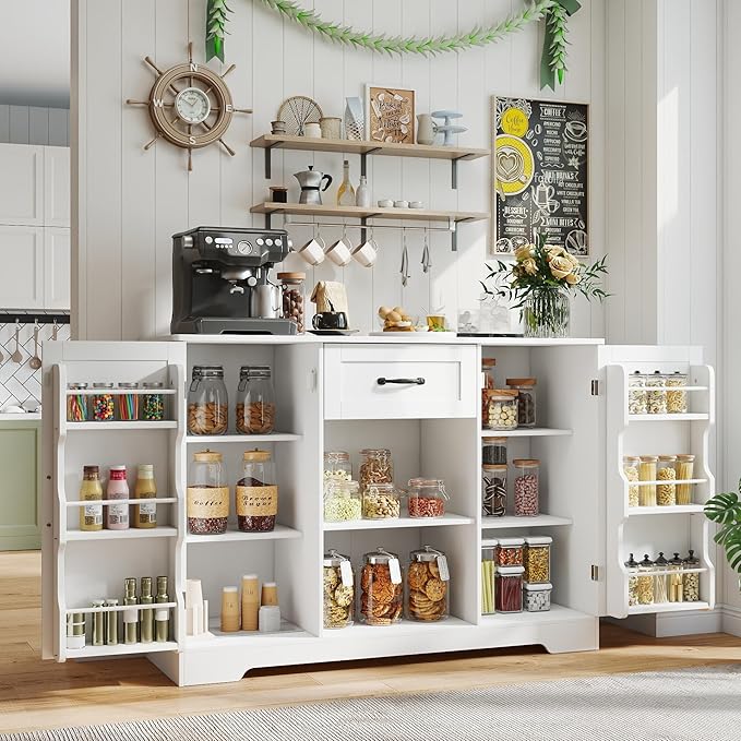 Gizoon Kitchen Sideboard Buffet Cabinet with Storage Coffee Bar Cabinet with Drawer, Kitchen Pantry Storage with Door and Shelves for Bathroom and Living Room, White