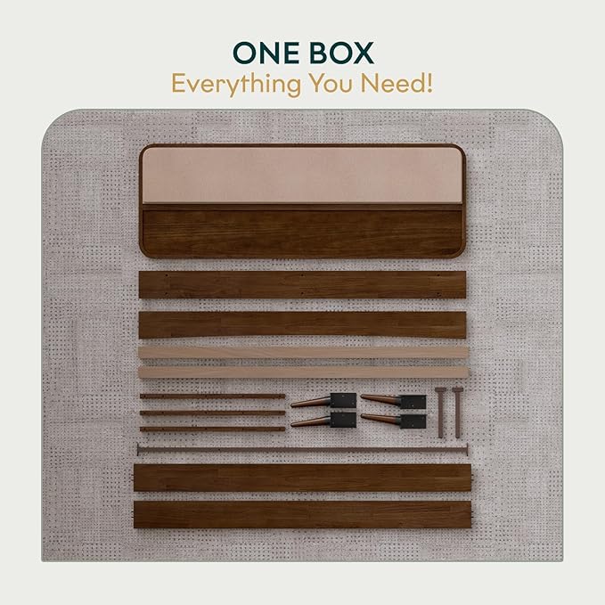 Bme Solid Wood Calista King Bed Frame – Chestnut Finish Platform Bed with Upholstered Headboard, Mid-Century Modern Style with Sturdy Slats & Tapered Legs, No Box Spring Needed