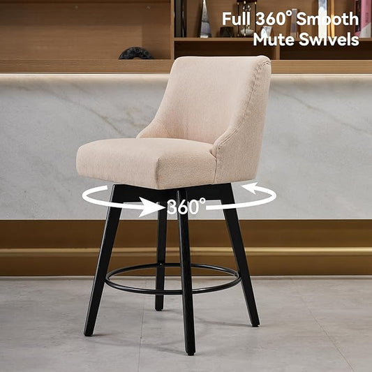 Vipbear Counter Height Bar Stools Set of 3, 26" H Swivel Bar Stools with Backs, Linen Fabric Upholstered Bar Chairs with Solid Wood Legs for Kitchen Island, Dining Room, Home Bar, Beige