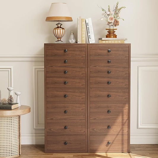 LIKIMIO Tall Dresser, Small Dressers with 8 Storage Drawers, Chest of Drawers for Organizing, Tall Narrow Dresser for Bedroom, Walnut