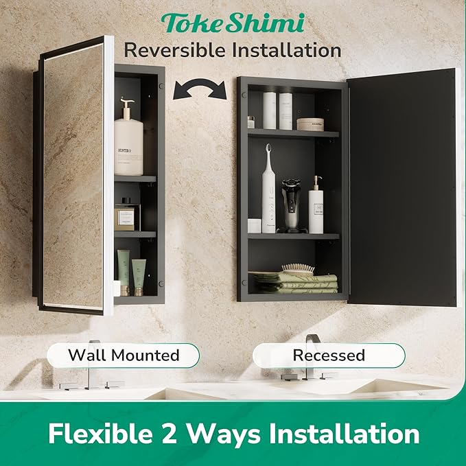 TokeShimi 17x25 Recessed Medicine Cabinet with Mirror Wall Mounted, Metal Beveled Mirror with Storage for Bathroom Vanity, Aluminum Alloy Medicine Cabinet Mirrored Silver