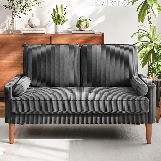 Vesgantti Loveseat Sofa with Solid Wood Legs,48" Small Corduroy Couches for Small Spaces, Mid Century Modern Love Seat for Living Room, Bedroom, Easy Assembly with Throw Pillow, Grey