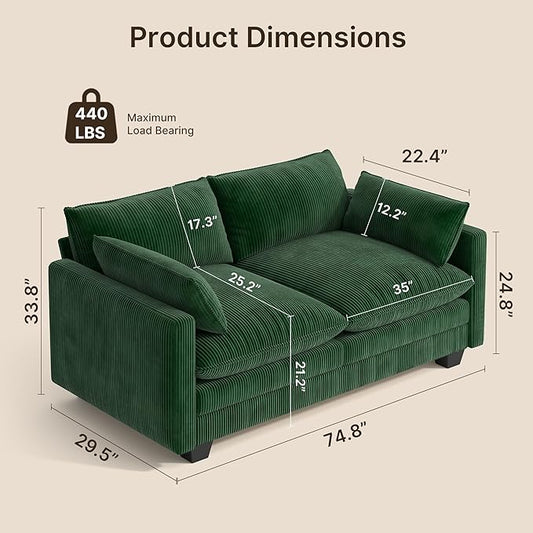 Gizoon 75” Small Cloud Loveseat Couches for Living Room, 2 Seater Love Seat Sofa with Comfy Deep Seat, Small Washable Couches with Removable Corduroy Cover for Apartment, Green