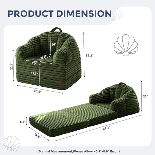 MAXYOYO Folding Sofa Bed, 2 in 1 Convertible Sofa to Lounger Comfy Faux Fur Bean Bag Chair for Adults, Floor Single Sleeper Couch Chair with Handle, Couch Bed for Living Room Bedroom, Dark Green