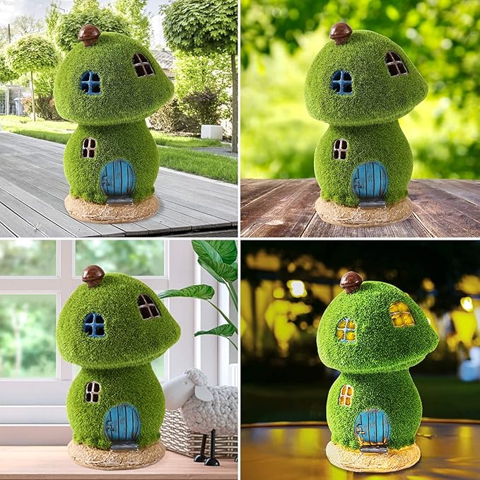 Outdoor Figurine Lights Garden House Statue and Mushroom Fairy House Decor Outdoor Statues with Solar Lights Garden for Patio Lawn Yard Ornaments, Housewarming Gift