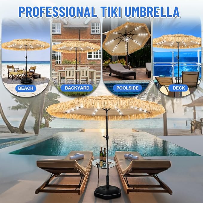 9 FT Solar Thatch Tiki Umbrella, Hawaiian Style Straw Umbrellas, UPF 50+ Patio Umbrella,Outdoor Umbrella with 32 LED Lights for Beach, Pool,Garden