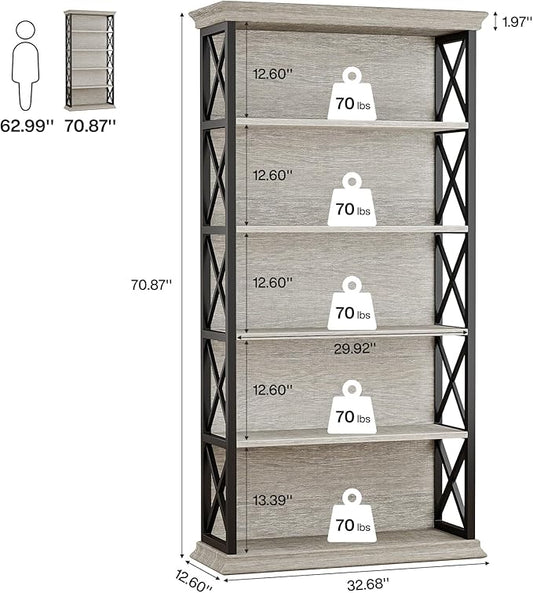 Tribesigns 6-Tier Bookcase Set of 2, 71 Inches Industrial Bookshelves and Bookcases, Floor Standing 5 Shelf Display Storage Shelves Tall Bookcase for Home Office, Living Room, Bed Room, Grey