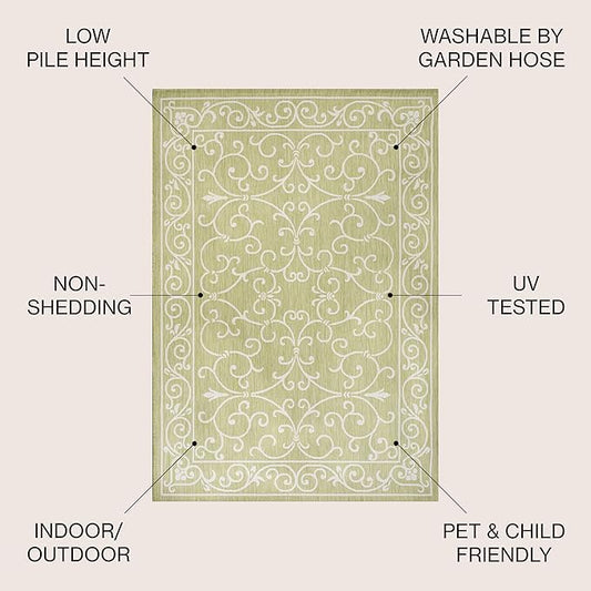 JONATHAN Y Vintage Filigree Indoor Outdoor Round Area Rug 5 Ft Green/Cream, Charleston Textured Weave for Backyard, Patio, Porch, Easy-Cleaning, High Traffic, Pet-Friendly, Non-Shedding (SMB106H-5R)