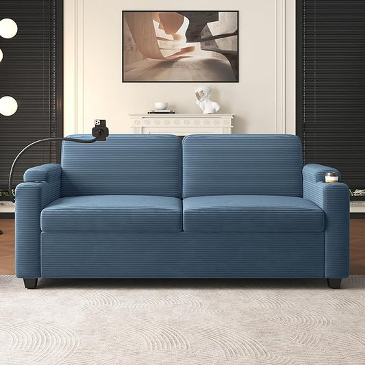 Merax Modern Corduroy Sleeper Sofa Bed with Full Size Mattress, Futon Couches with USB Ports | Phone & Cup Holders| Side Pockets,Pull Out Couch for Living Room, Small Loveseat, Navy Blue