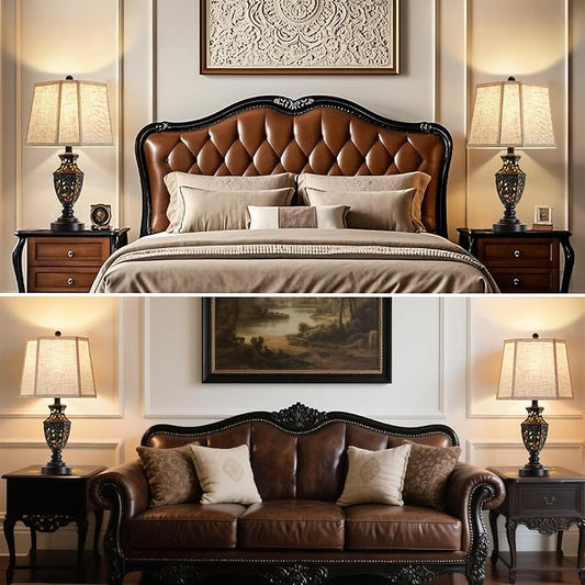 Lamps for Night Stands Set of 2-23.5" Vintage Bedside Lamp with USB A+C and Nightlight - Black Retro Carved Resin Farmhouse Table Lamp for Bedrooms, End Tables, Living Room, Bulbs Included