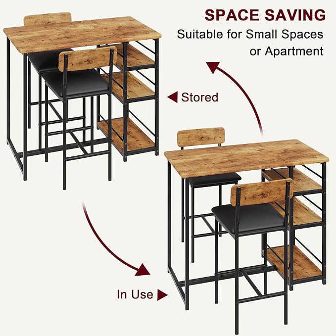 Amyove Dining Table Set for 2, Bar Table and Chairs for 2, Kitchen Table Set with 2 Upholstered Chairs, 3 Large Storage Shelves, Pub Table Set for Small Space, Apartment, Breakfast, Rustic Brown