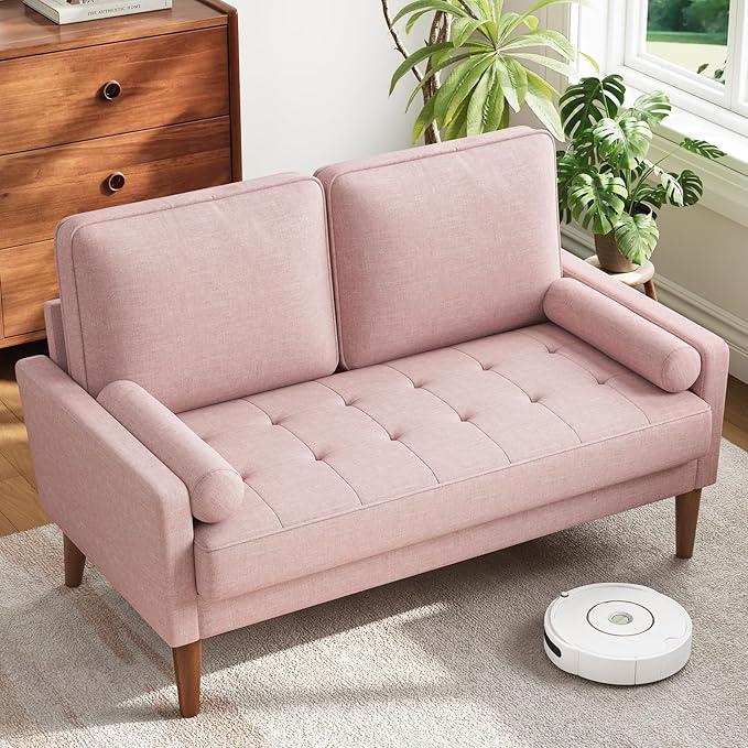 Vesgantti Loveseat Sofa with Solid Wood Legs, 48" Small Couches for Small Spaces, Love Seat for Living Room, Bedroom, Easy Assembly Mid Century Modern Couch with Throw Pillow for Apartment, Pink