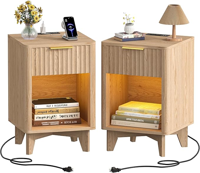 Fluted Nightstand Set of 2, Wooden Night Stand with Charging Station and LED Light, Modern Mid Century End Table with Drawer, Bedside Table for Bedroom, Natural Oak