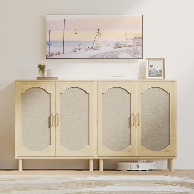 Buffet Cabinet with Storage, Imitation Fabric Arched Sideboard with Adjustable Shelves, Coffee Bar Cabinet for Kitchen, Living Room, Hallway, Entryway, Oak