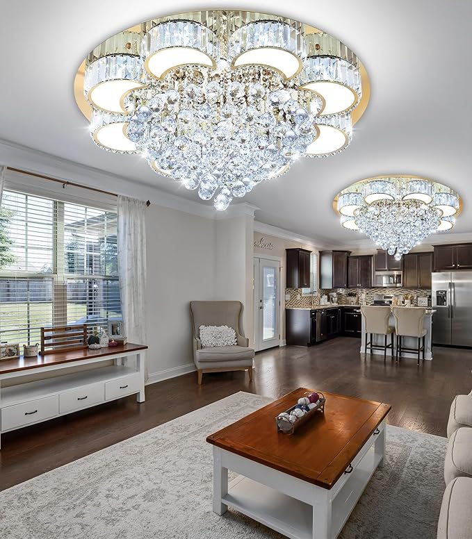31.4'' Gold Modern Crystal Chandeliers for Dining Room LED Dimmable Light Fixtures Flush Mount Light Living Room Bedrooms