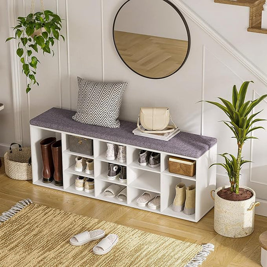 DINZI LVJ Shoe Storage Bench with Cushion, 13-Cubby Shoe Rack, Adjustable Shelves, Multifunctional Shoe Organizer Bench for Entryway, Mudroom, Hallway, Living Room, Bedroom and Garage, White