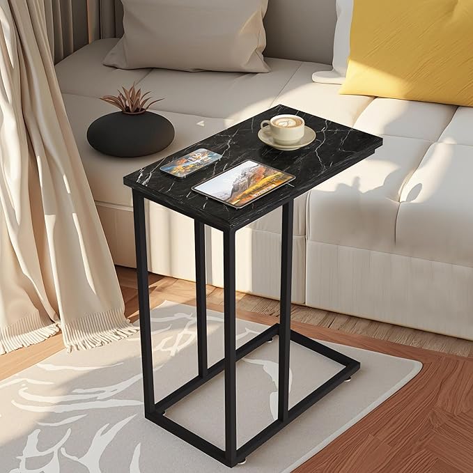 VECELO C Shaped End Side Table for Sofa Couch and Bed Snack TV Tray for Living Room Bedroom, 2 PCS, Black Marble