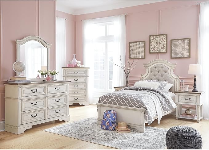 Signature Design by Ashley Realyn Cottage 6-Drawer Dresser and Mirror with Safety Stop and Felt-Lined Top Drawer, White