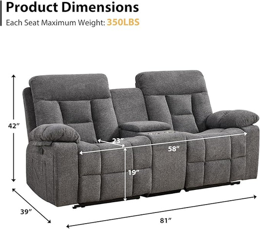 EBELLO Loveseat Recliner Sofa for Living Room, Extra Wide Modern Overstuffed 2 Seat Reclining Manual Sofa Chair, with Hidden Armrest Cup Holders, Breathable Fabric, Light Grey