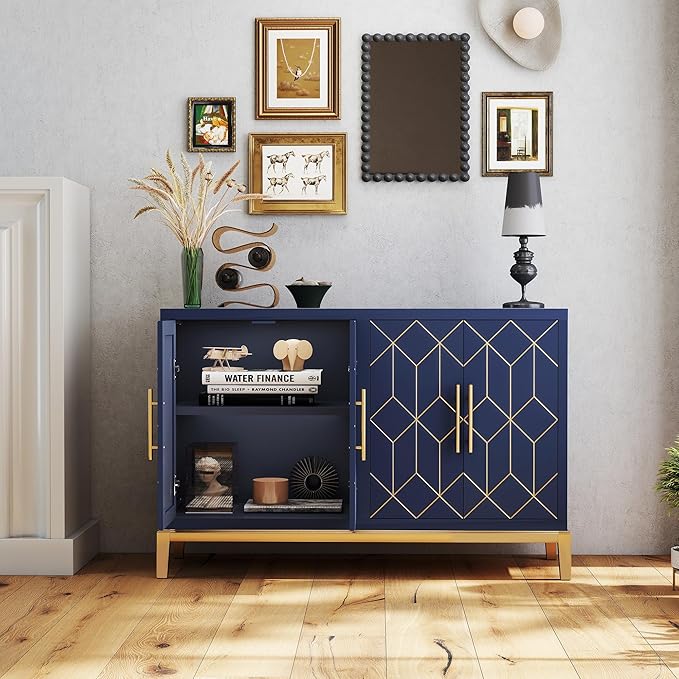 47.8" Storage Accent Cabinet with 4 Doors, Modern Sideboard Buffet Cabinet with Gold Lines, Wood Decorative Credenza with Storage for Living Room, Kitchen, Dining Room, Entryway, Blue