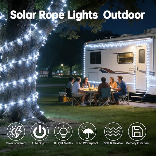 Solar Roep Lights for Outside, 2 Packs Total 66ft 200 LED Solar String Lights with 8 Modes, Waterproof Solar Outdoor Light for Patio Garden Party Tree Proch Pool Holiday Xmas Decor-White