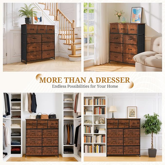 Dresser with 9 Drawers for Bedroom, Fabric Clothes Cabinet for Closet, Anti-Tip Storage Dresser with Metal Frame for Living Room, Entryway, Dorm, Brown