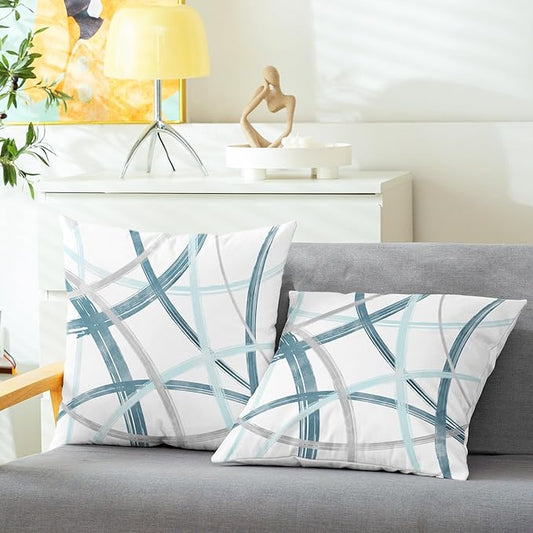 CaliTime Throw Pillow Cases Pack of 2 Cozy Fleece Arc-Shaped Abstract Geometric Lines Decorative Cushion Covers for Couch Bed Sofa Farmhouse Decoration 26 X 26 Inches Smoke Blue Grey