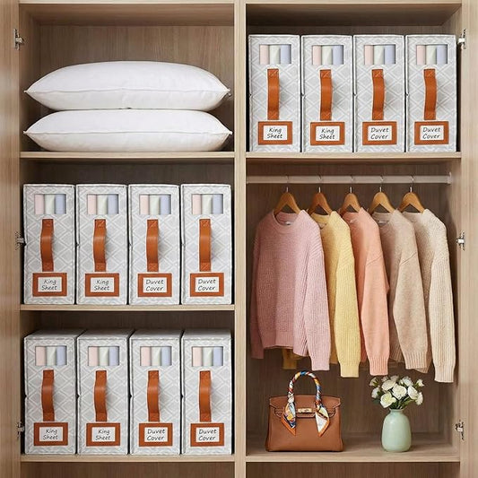 6 Pack Bed Sheet Organizers and Storage, (King & Queen Size) Sheet Organizer for Linen Closet, Foldable Bedding Storage Box with Window for Bedsheets, Duvet Cover and Pillowcase (Light Printed 6 Pack)
