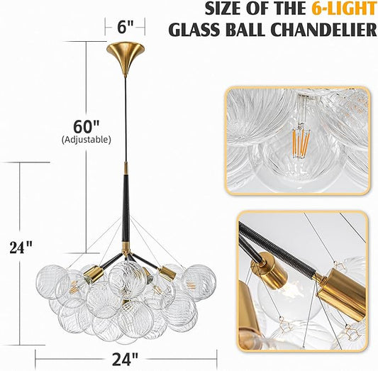 Longree Bubble Ball Glass Chandelier Black and Gold, 24 inches Swirled Blown Glass Globe Cluster Pendant Light Fixture for Bedroom Island Restaurant